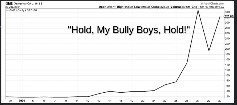 Image: GameStop (NYSE: “GME”) stock chart. "Hold, My Bully Boys, Hold."