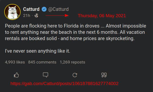 Image of social media post by Catturd regarding the "Top 10 Reasons For People's Flocking To Florida in 2021." 