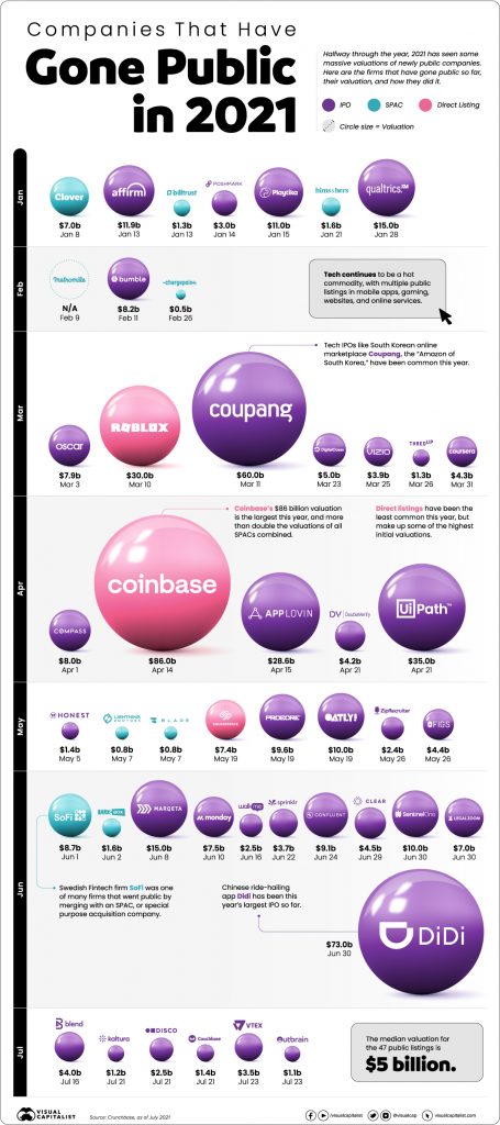 Initial Public Offerings (IPOs) year-to-date (YTD) July 2021. Infographic bubble chart by VisualCapitalist.