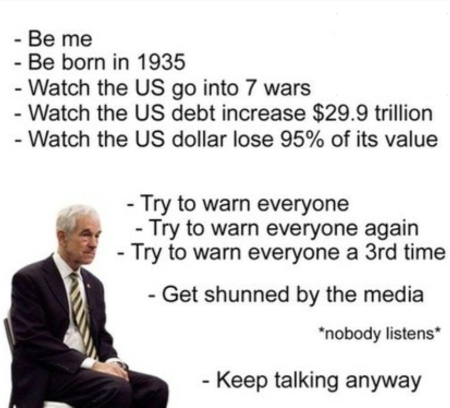 Ron Paul image meme: US fiat currency (loss of purchasing power), debt, war, and media.