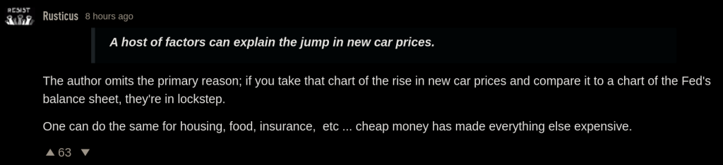 Rusticus at ZeroHedge comments about new car prices and Fed's balance sheet.